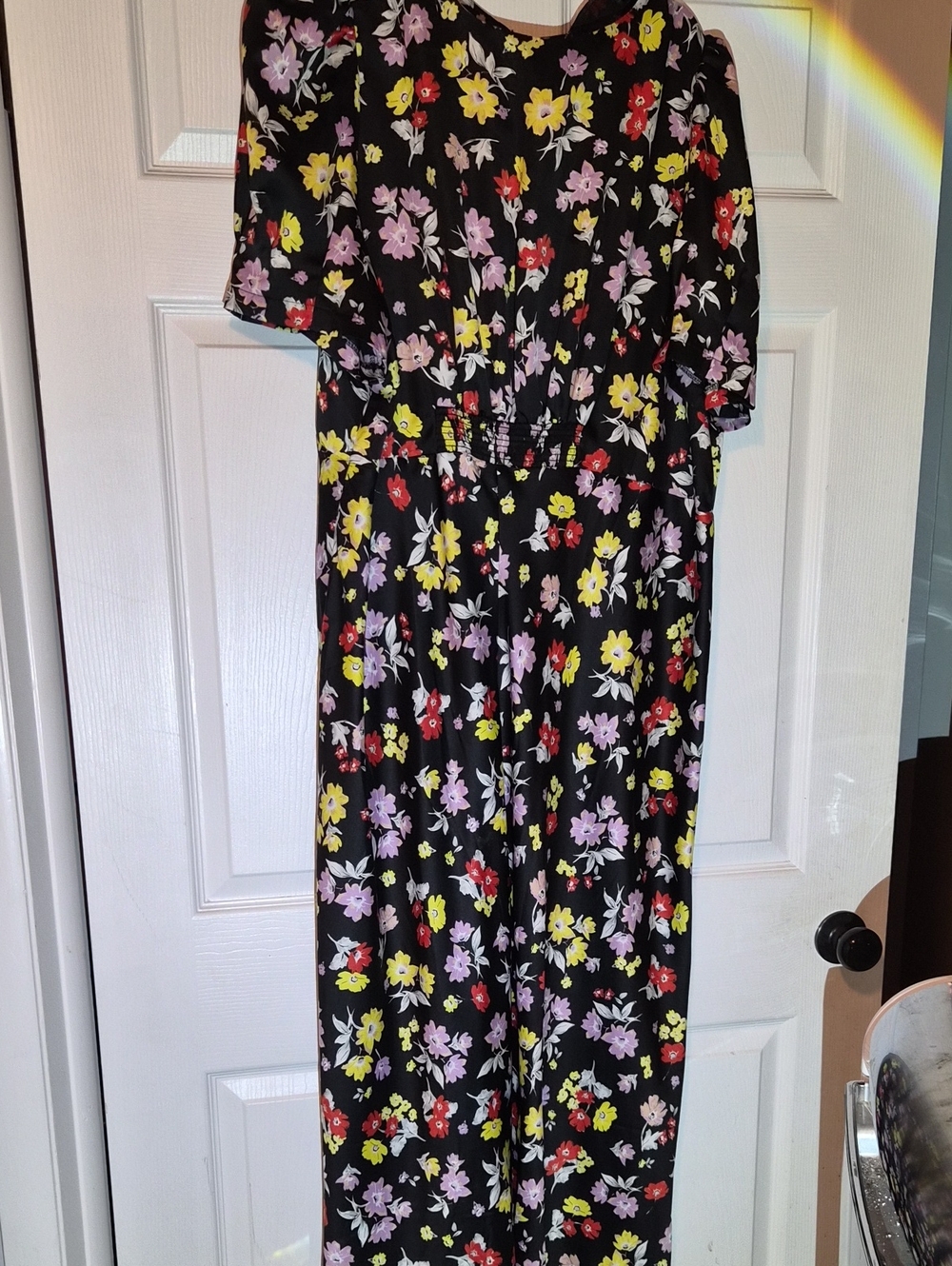 Floral Short-Sleeve Dress in Black with Yellow, Purple & Red Flowers
